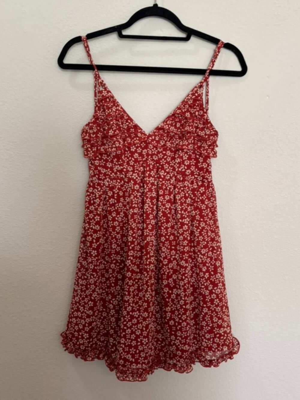 Trixxi Red Floral Strappy Ruffle Trim Babydoll Mini Dress Size Small
